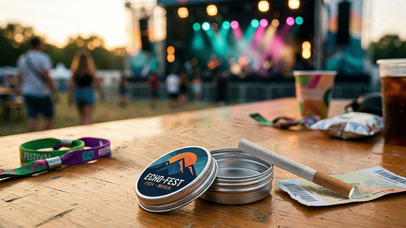 Silberfarbene Aluminiumdose mit bedrucktem Schraubdeckel auf einem Holztisch bei einem Festival, neben einer geöffneten Dose, Zigarette, Getränken und Eintrittskarten