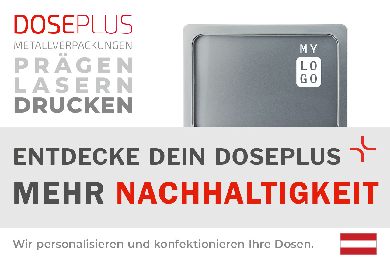 Doseplus graue rechteckige Metalldose mit schlichter Gravur „MY LOGO“. Text: „Metallverpackungen prägen, lasern, drucken – Entdecke dein Doseplus, mehr “.