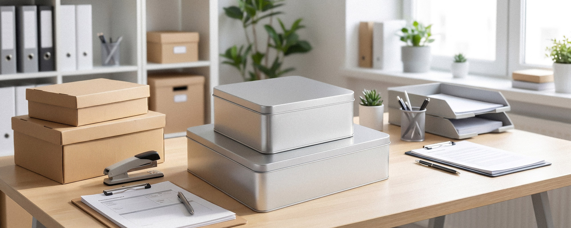 Edelstahl-Behälter, Kartons und Bürobedarf auf Holzschreibtisch in modernem, hellen Büro mit Regalen und Pflanzen.