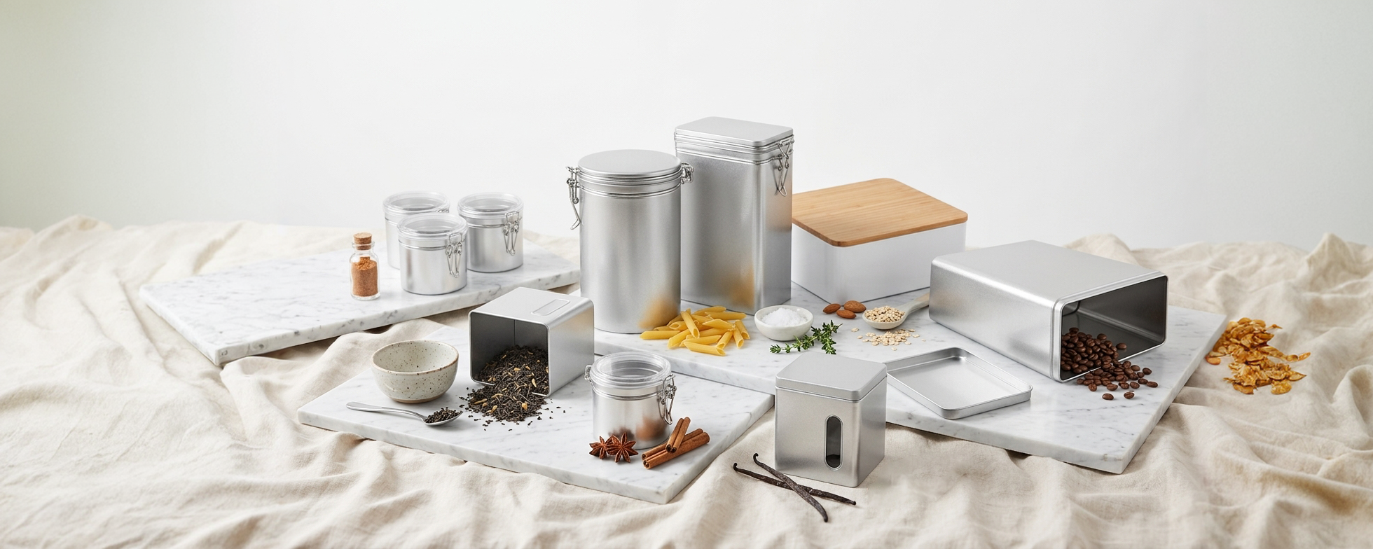 Silberne Vorratsdosen mit Sichtfenstern und Verschlüssen auf Marmoroberfläche; stilvolle Produktaufnahme mit Tee, Gewürzen, Kaffee, Pasta und natürlichen Zutaten.