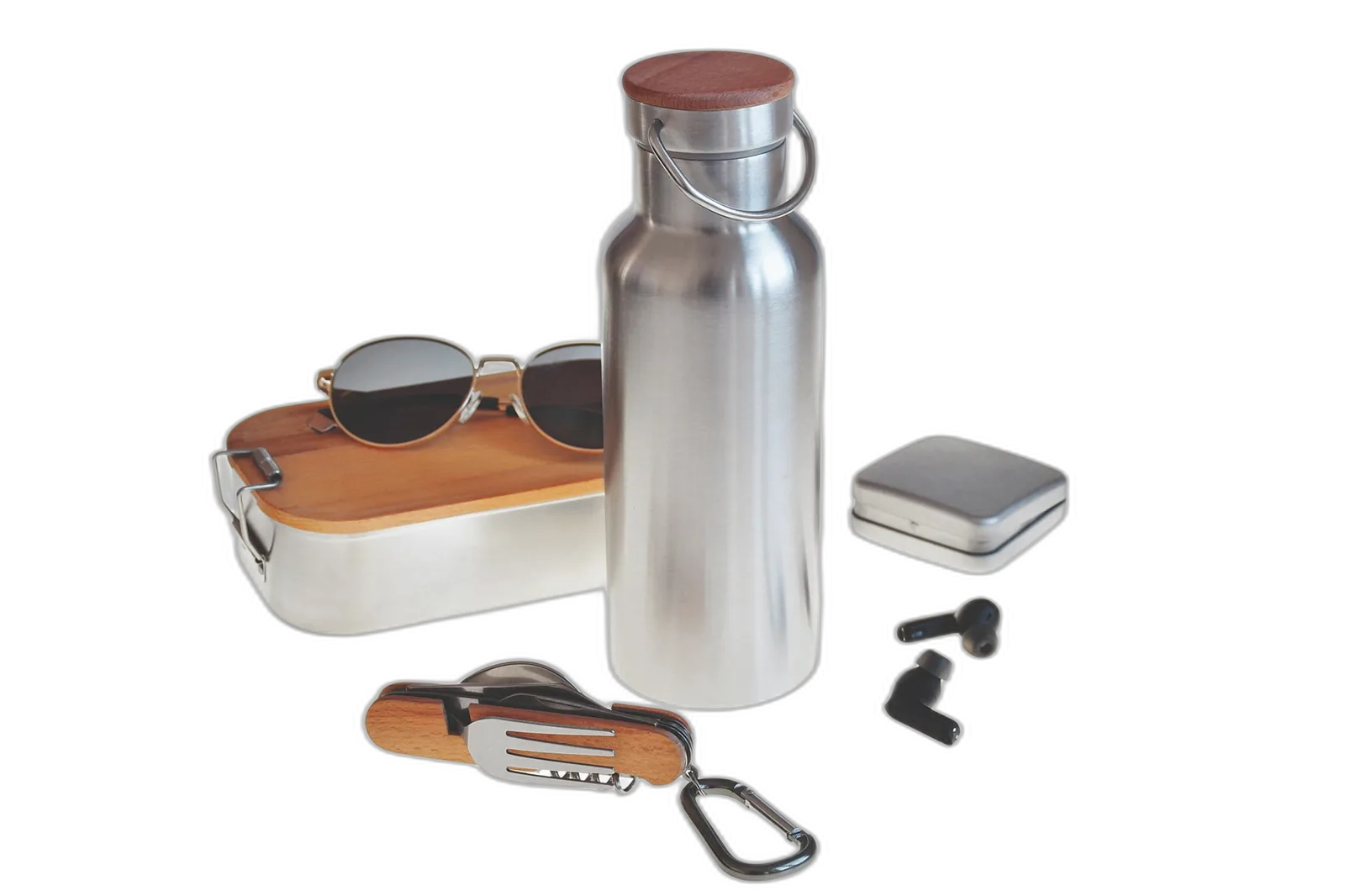 Nachhaltige Edelstahlflasche mit Bambusdeckel