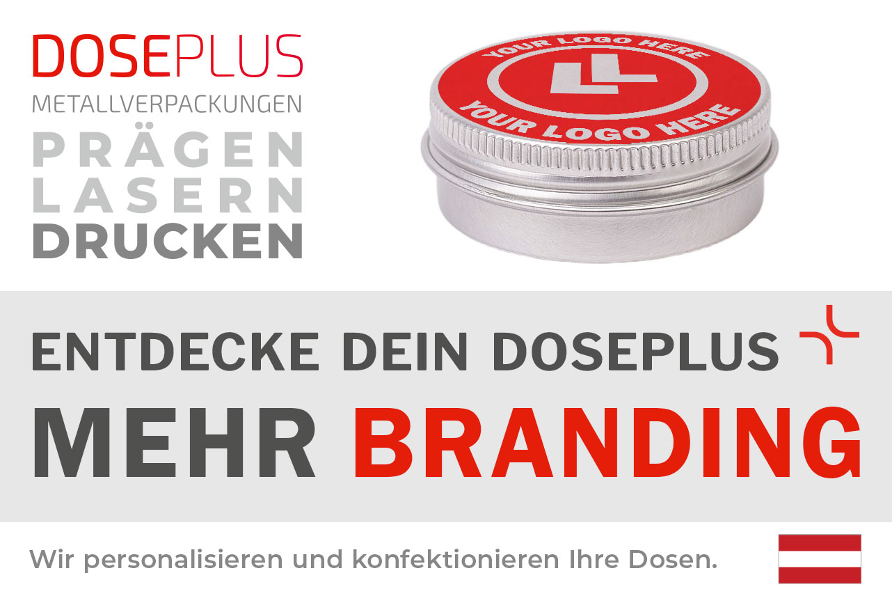 Doseplus Aluminiumdose mit Schraubdeckel – Bannertext: Entdecke dein Doseplus, mehr Branding. Individuelle Metallverpackungen, geprägt, gelasert, gedruckt.