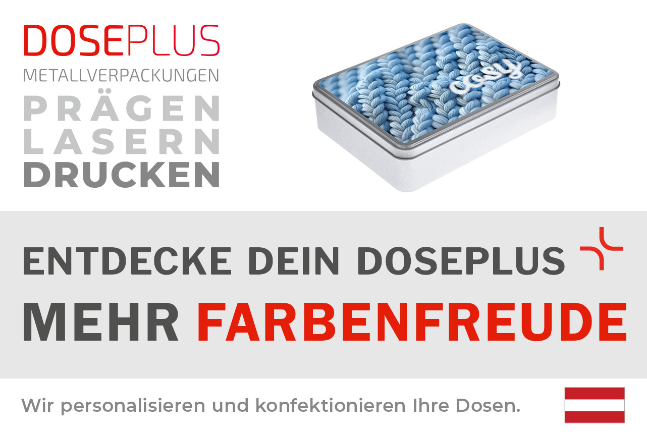 Doseplus eckige Blechdose – Bannertext: Entdecke dein Doseplus, mehr Farbenfreude. Hochwertige Metalldose mit farbenfrohem Druck, Gravur und Prägung für individuelle Designs.