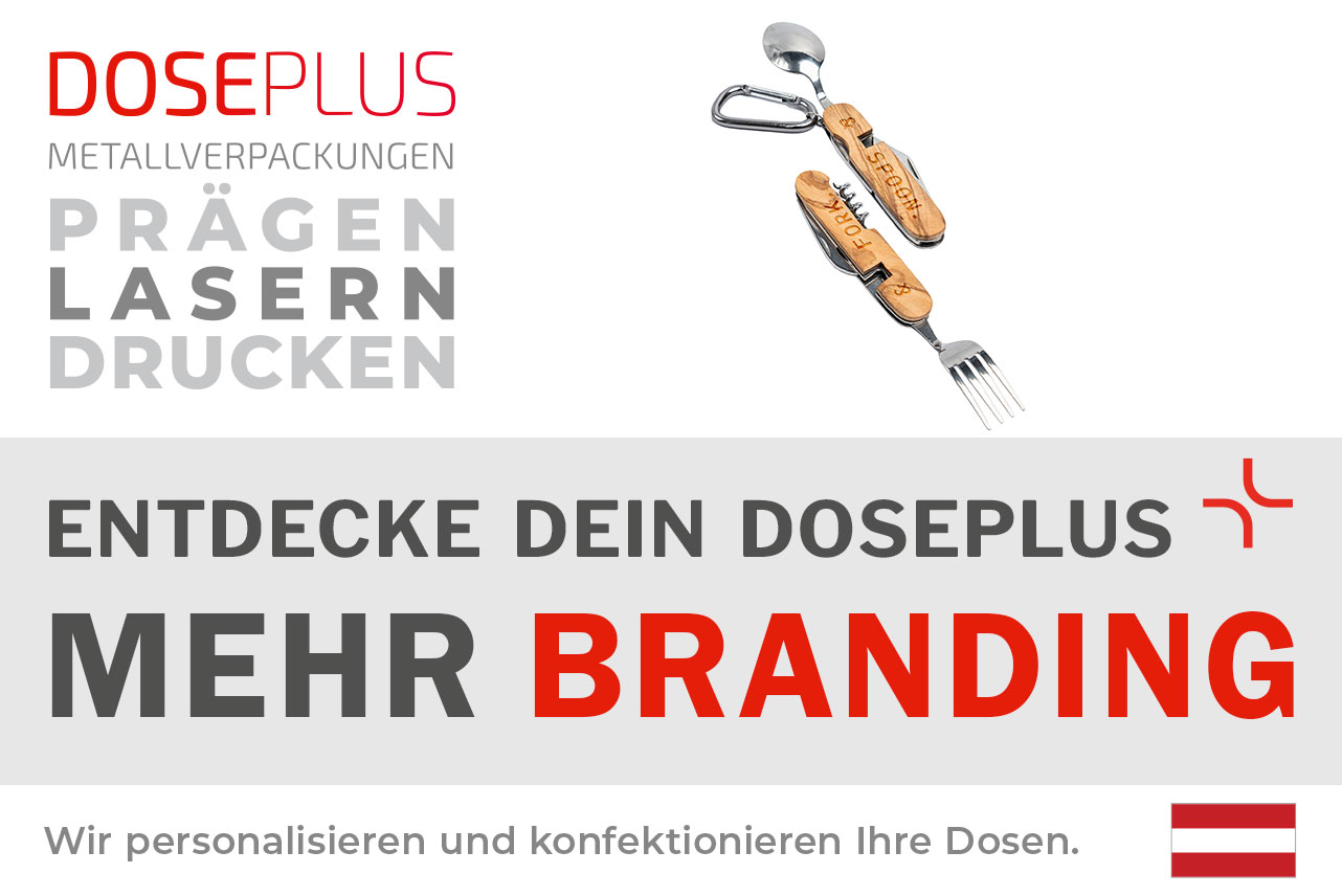 Outdoor-Besteck BE 01 mit Olivenholzgriff – Banner: Entdecke dein Doseplus – Mehr Branding. Edelstahl-Multifunktionsbesteck mit hochwertigem Holzgriff zur individuellen Veredelung.