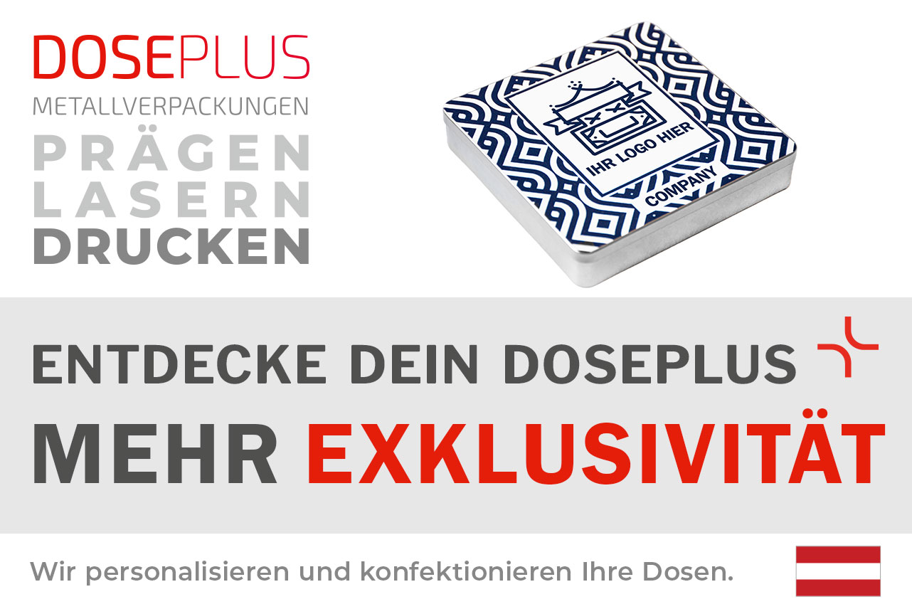 Doseplus quadratische Schokoladendose – Bannertext: Entdecke dein Doseplus, mehr Exklusivität. Hochwertige Metalldose mit Prägung, Gravur und Druck für edle Markenpräsentation.
