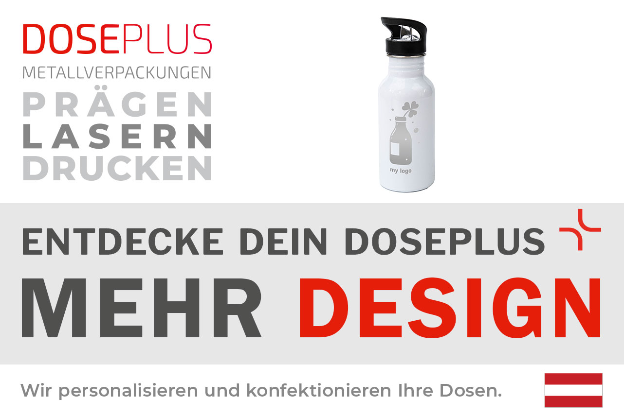 Edelstahl-Trinkflasche TFL 025 von Doseplus – Bannertext: Entdecke dein Doseplus – Mehr Design. Robuste Edelstahlflasche für Werbezwecke, geeignet für Druck, Gravur und Laser-Veredelung.