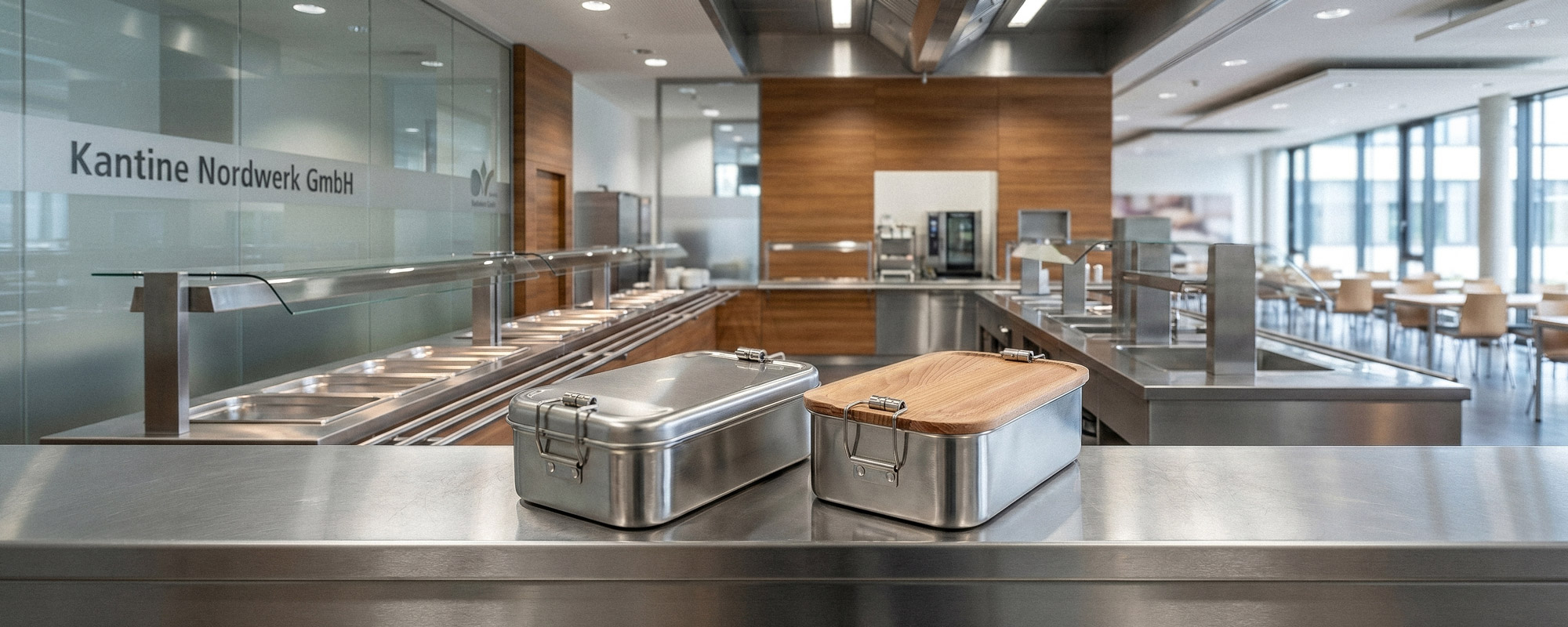 Zwei Edelstahl-Lunchboxen, eine mit Holzdeckel, auf Stahltresen in einer modernen Kantine „Kantine Nordwerk GmbH“.