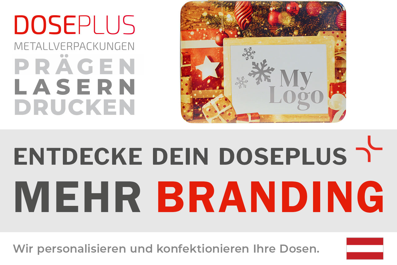 Weihnachtsdose WD 091 von Doseplus mit winterlichem Motiv und individuell bedruckbarem Deckel. Bannertext: „Entdecke dein Doseplus – mehr Branding“. Ideal für exklusive B2B-Brandinglösungen.