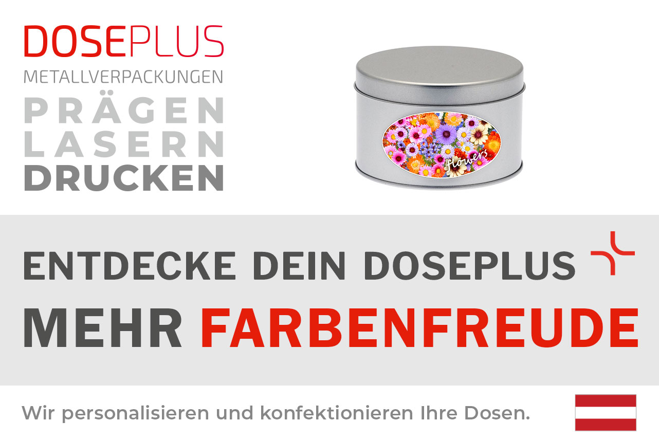 Doseplus runde silberne Metalldose mit farbenfrohem Blumen-Aufkleber und dem Schriftzug „flowers“. Text: „Metallverpackungen prägen, lasern, drucken – Entdecke dein Doseplus, mehr Farbenfreude“.