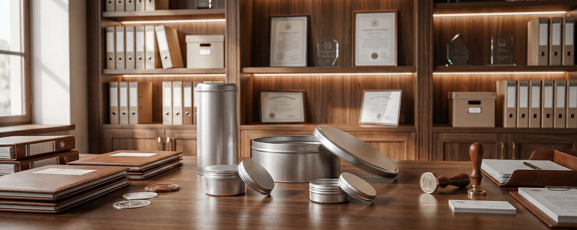 Klassisches Büro mit Holzinterieur, Akten und silbernen Metalldosen sowie Zertifikaten im Hintergrund.