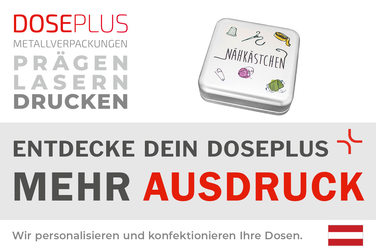 Doseplus quadratische Weißblechdose – Bannertext: Entdecke dein Doseplus, mehr Ausdruck. Personalisierte Metalldosen mit Prägung, Gravur und Druck.