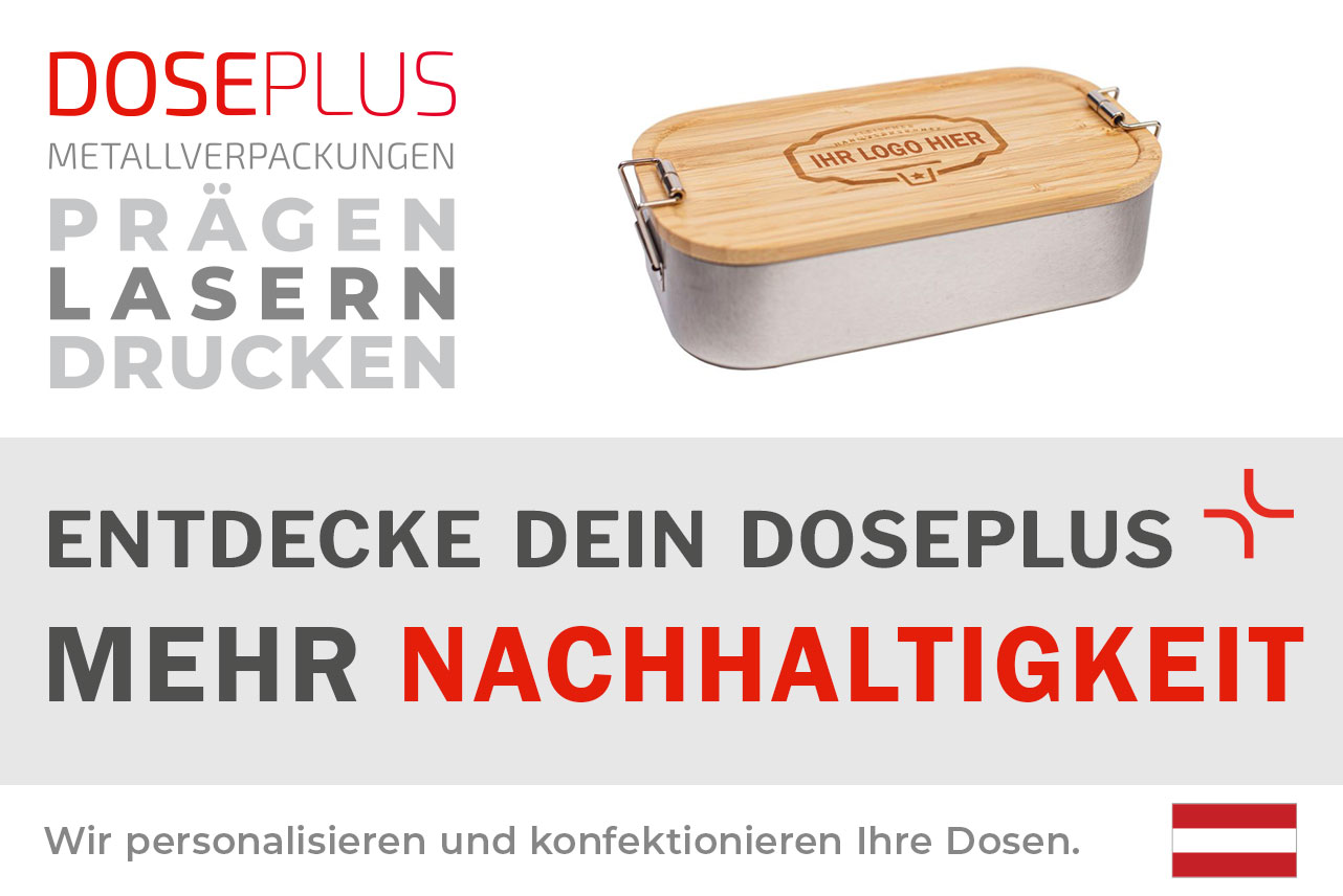 Doseplus Lunchbox aus Edelstahl mit Bambusdeckel – Bannertext: Entdecke dein Doseplus, mehr. Metallverpackungen mit Gravur, Prägung und Druck.