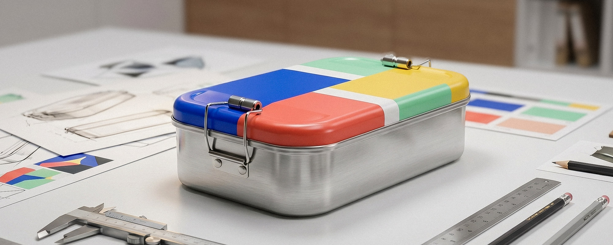 Metall-Lunchbox mit farbigem Deckel (blau, rot, gelb, grün) auf Design-Arbeitsplatz mit technischen Zeichnungen und Messwerkzeug.