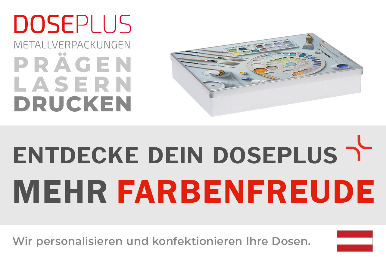 Doseplus silberne rechteckige Metalldose mit farbenfrohem Druckmotiv aus Pinseln, Farbpalette und Aquarellfarben. Text: „Metallverpackungen prägen, lasern, drucken – Entdecke dein Doseplus, mehr Farbenfreude“.