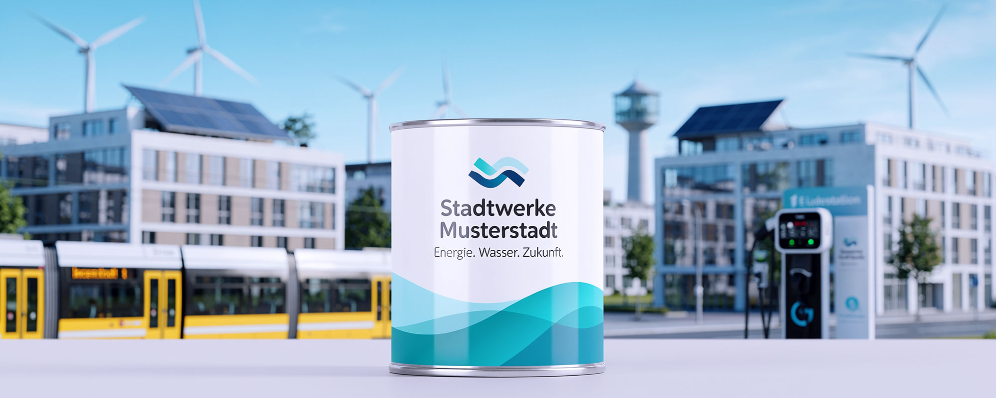 Futuristische Stadt mit Straßenbahn und E-Auto-Ladestation; im Vordergrund eine zylindrische Dose mit „Stadtwerke Musterstadt“ Design, nachhaltige urbane Infrastruktur und moderne Mobilität.