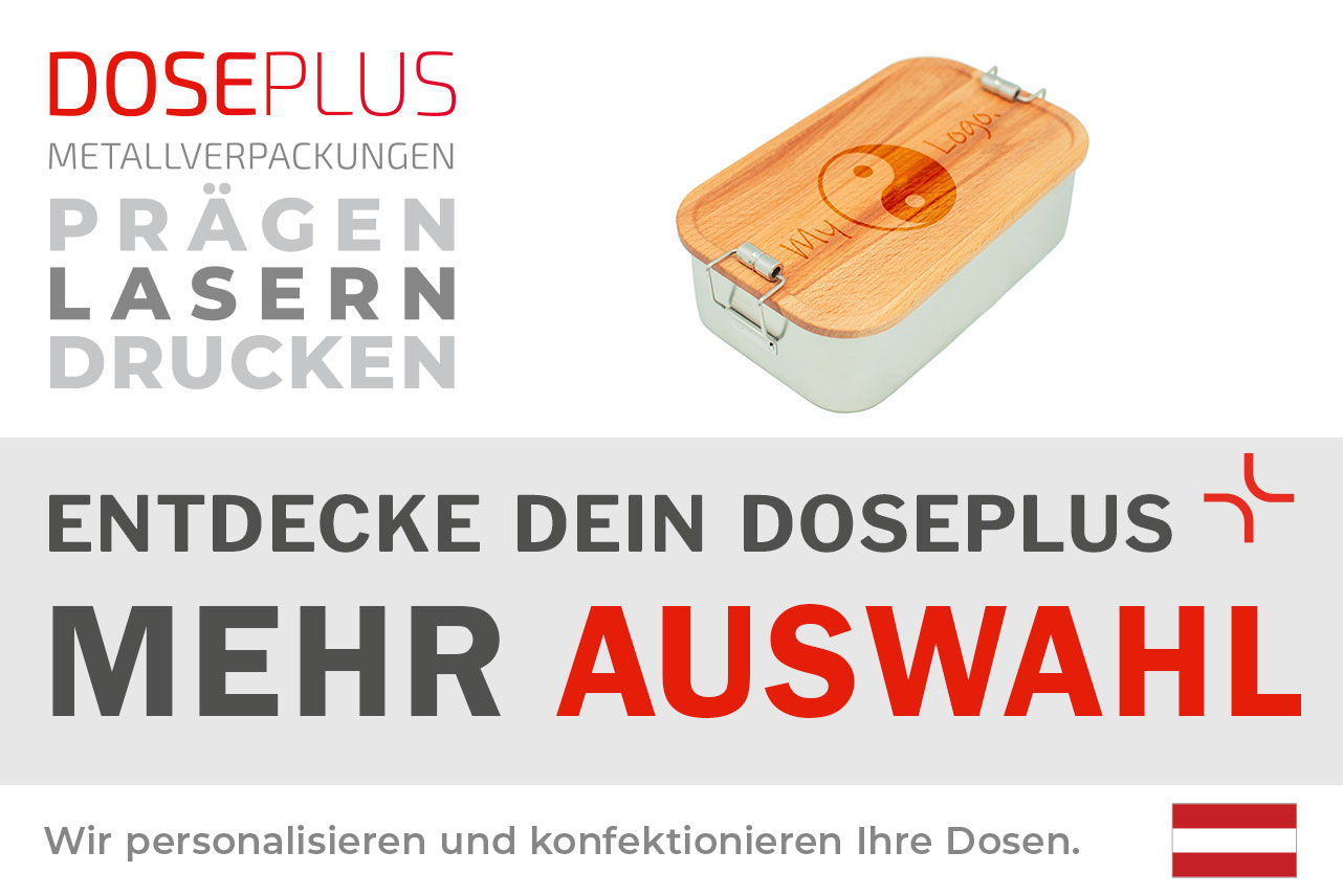Rechteckige Lunchbox CP BU C4 aus Edelstahl mit Bambusdeckel – Banner: Entdecke dein Doseplus – Mehr Auswahl. Perfekt für Branding, Logos und personalisierte Veredelung.