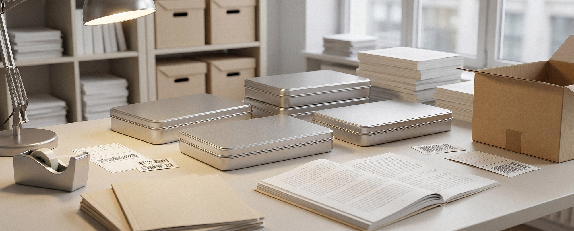 Helles Verlagsbüro mit großem weißen Schreibtisch, darauf ordentlich gestapelte Bücher, offene Notizen und mehrere DIN-Format-Dosen für jeden Bedarf; im Hintergrund Regale mit Büchern und Archivmaterial.