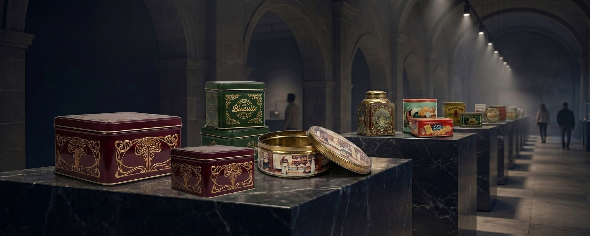 Ausstellung historischer Blechdosen für Gebäck und Tee in einem Museum mit dramatischer Beleuchtung und Sockelpräsentation.