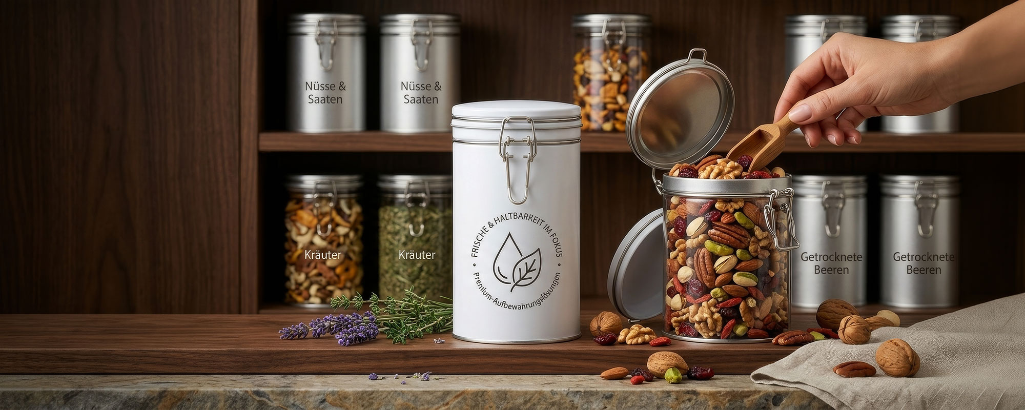 Vorratsdosen und Glasbehälter für Nüsse, Kräuter und Trockenfrüchte auf Holzregalen; offene Glasdose mit Holzlöffel und natürlichen Zutaten.