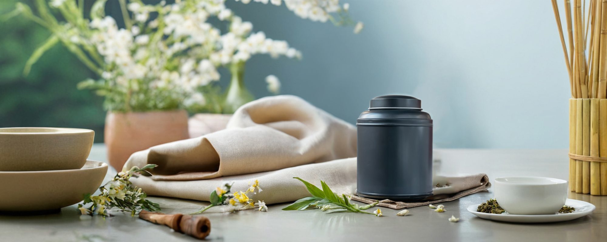 Schwarze Teedose auf beigem Leinentuch, daneben eine Teetasse mit Untertasse, lose Teeblätter und dekorative Trockenblumen. Ruhige, natürliche Produktaufnahme mit Keramikschalen und Bambuselementen.