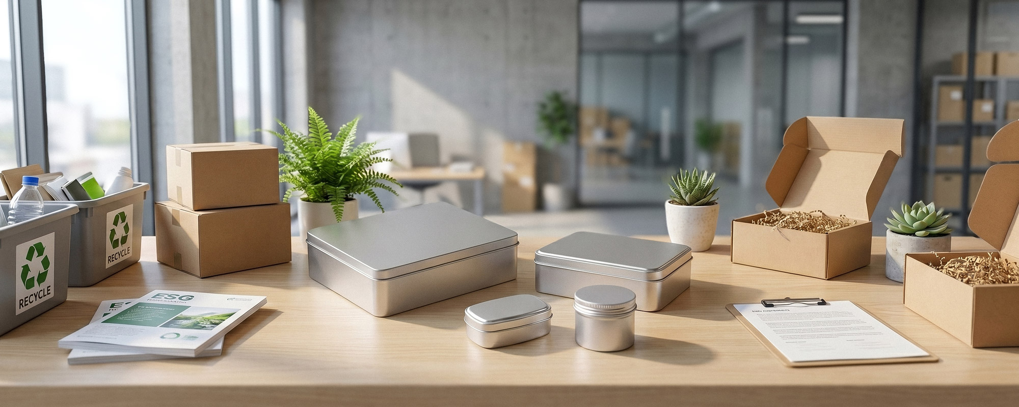 Recyclingbehälter, Kartons und Edelstahl-Behälter auf Holztisch im modernen Büro mit ESG-Dokumenten und Pflanzen.