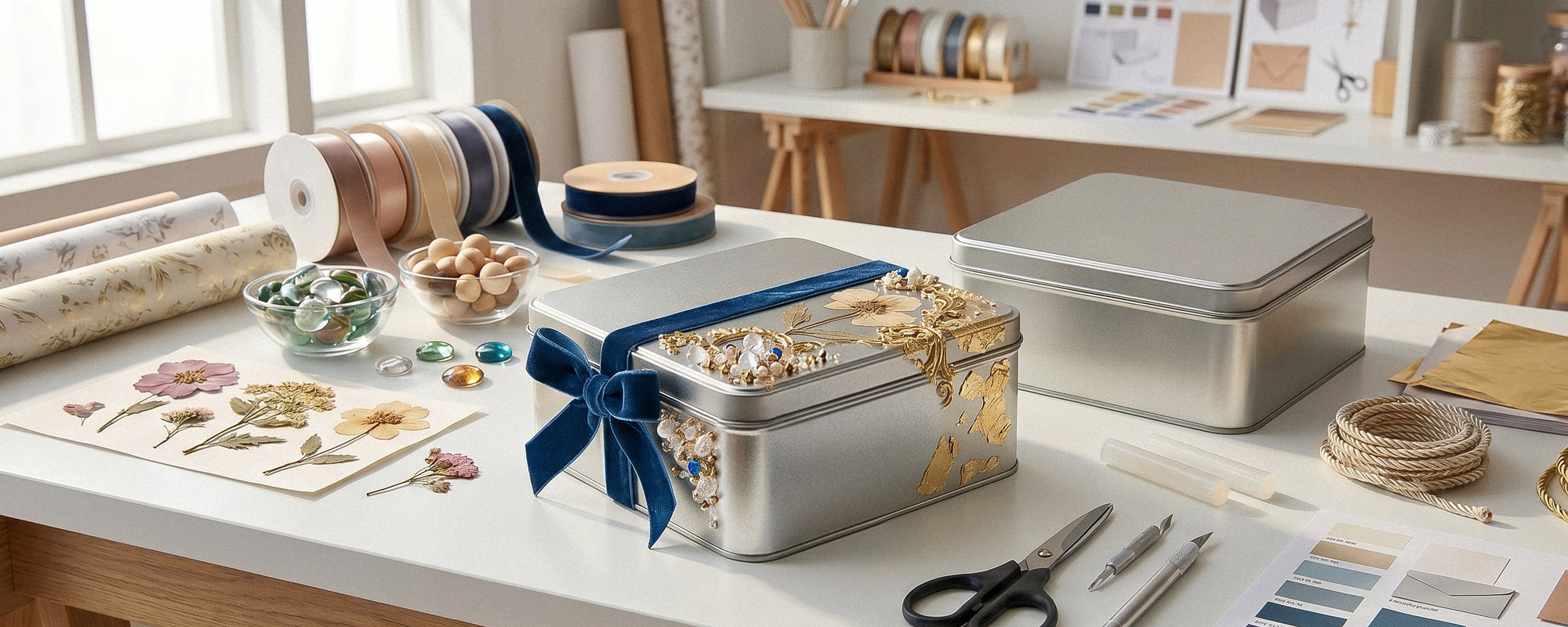 Dekorierte silberne Geschenkbox mit blauem Samtband und Perlen auf Basteltisch, umgeben von Verpackungsmaterial und Werkzeugen.