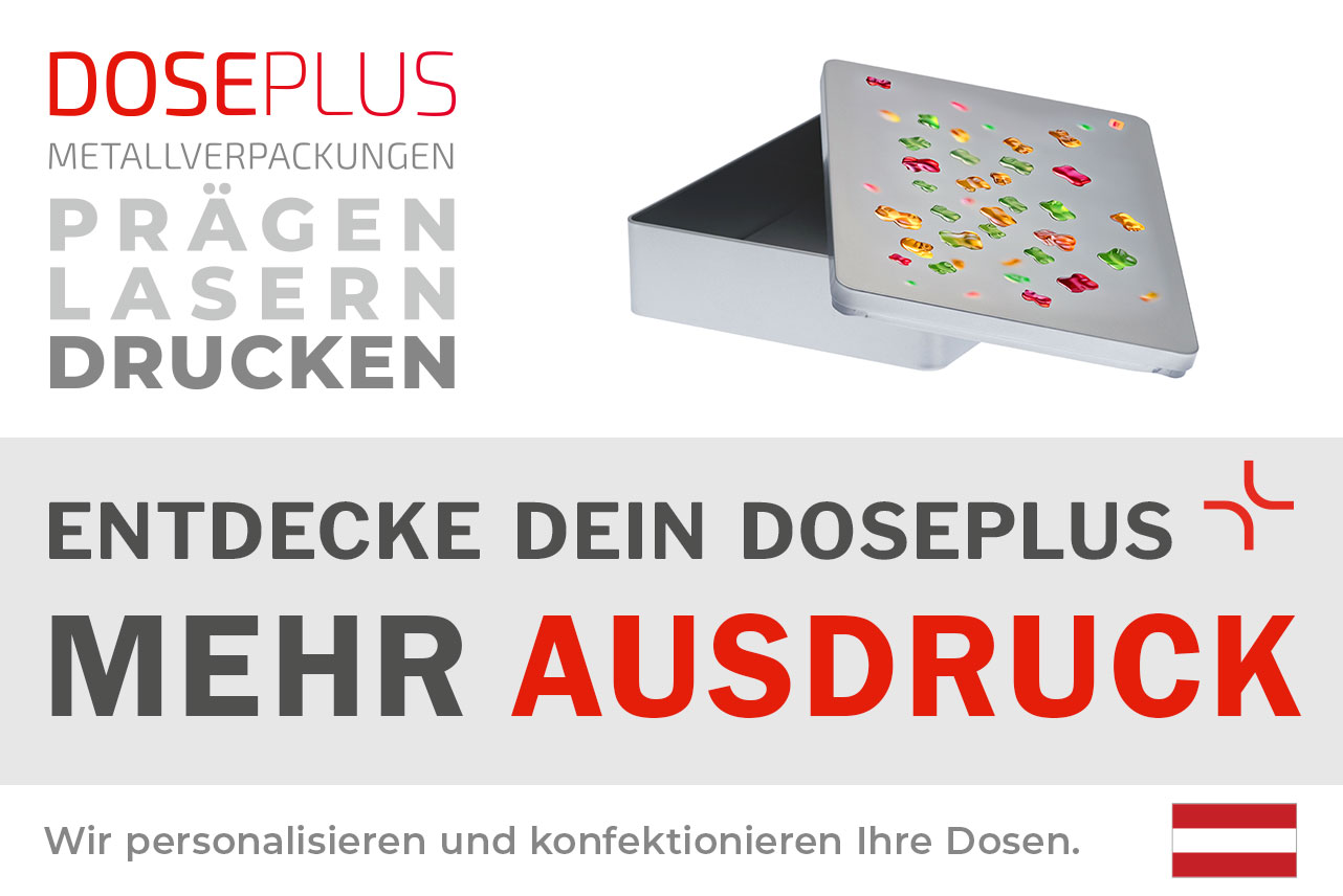 Doseplus eckige Geschenkdose – Bannertext: Entdecke dein Doseplus, mehr Ausdruck. Hochwertige Metalldose mit individuellem Druck für kreative Produkt- und Geschenkverpackungen.