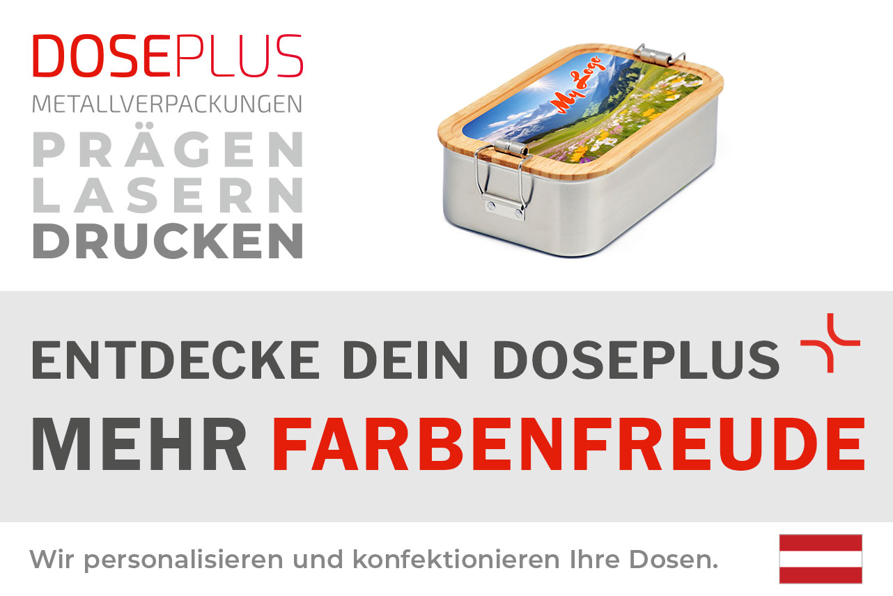 Edelstahl-Lunchbox CP SA 10 mit Bambusdeckel – Banner: Entdecke dein Doseplus – Mehr Farbenfreude. Langlebige SafeMax-Box mit buntem Design – optimal für Personalisierung & Bedruckung.