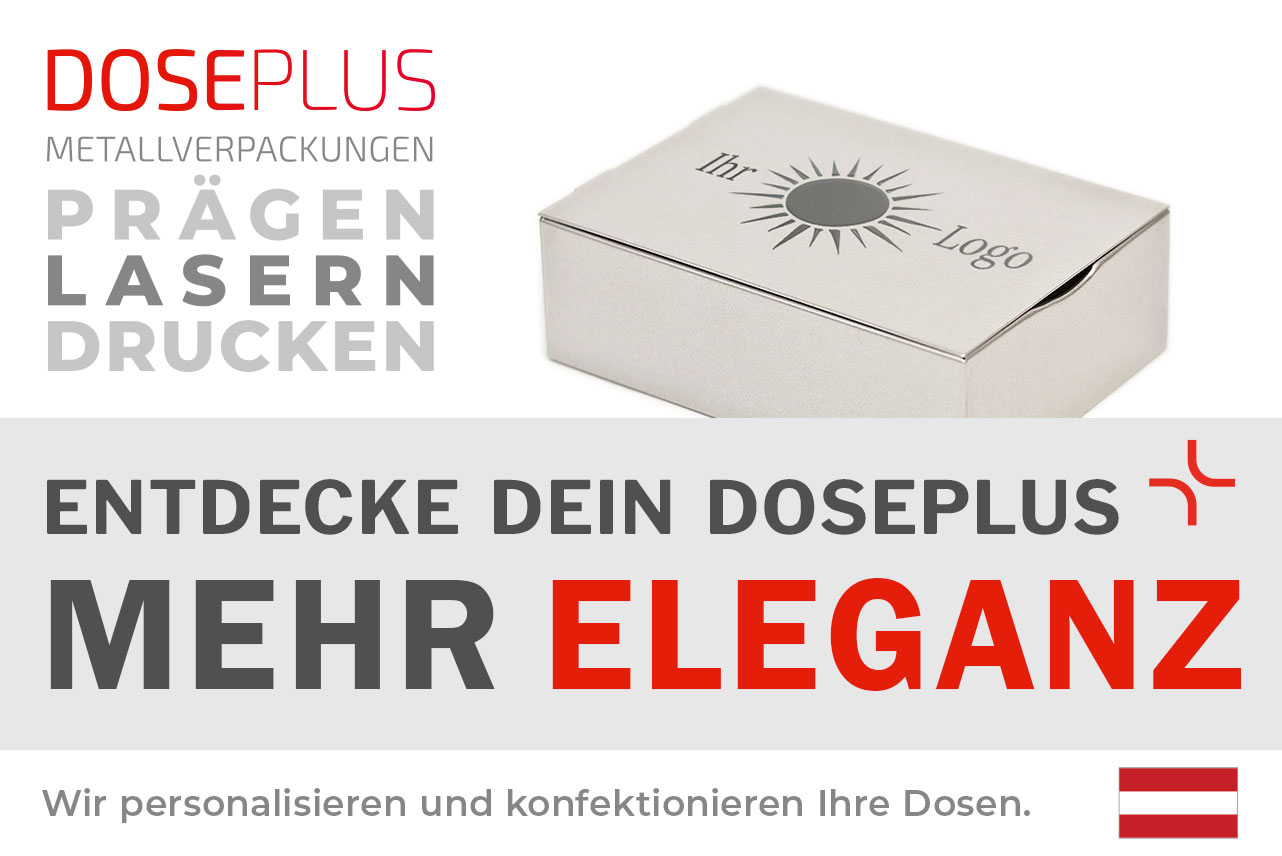 Doseplus silberne rechteckige Metalldose mit Lasergravur eines Sonnensymbols und dem Text „Ihr Logo“. Text: „Metallverpackungen prägen, lasern, drucken – Entdecke dein Doseplus, mehr Eleganz“.