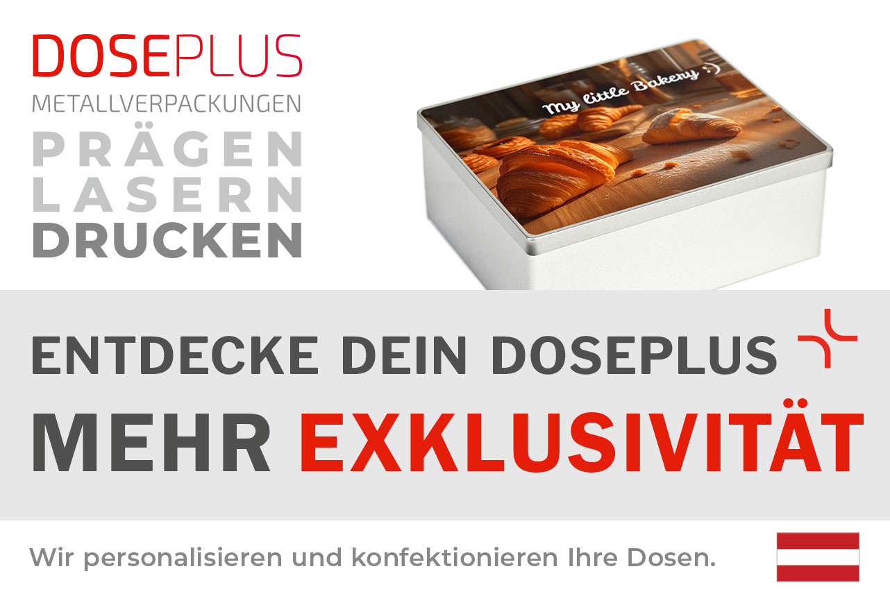 Doseplus silberne rechteckige Metalldose mit Digitaldruck-Motiv von Croissants und Schriftzug „My little Bakery“. Text: „Metallverpackungen prägen, lasern, drucken – Entdecke dein Doseplus, mehr Exklusivität“.