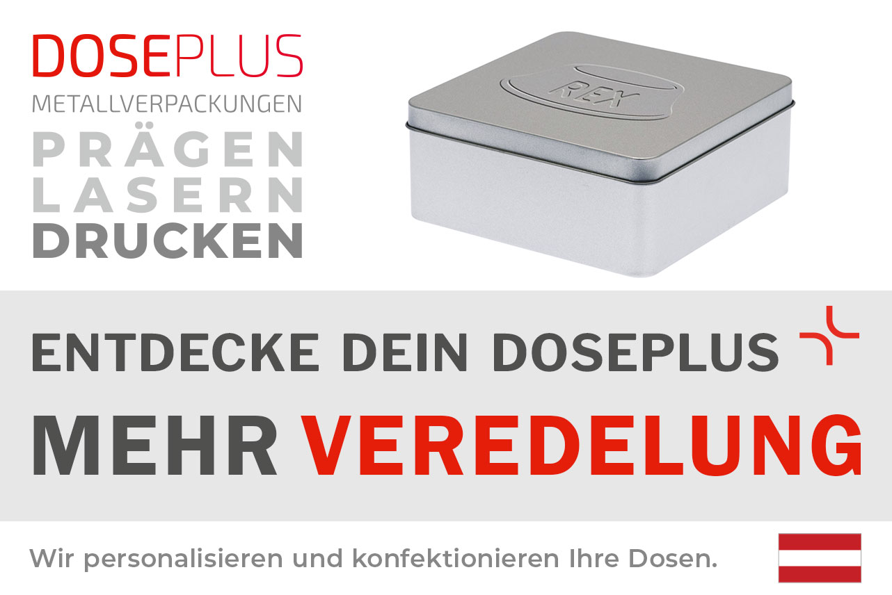 Doseplus quadratische Geschenkdose – Bannertext: Entdecke dein Doseplus, mehr Veredelung. Hochwertige Metalldose mit Gravur, Prägung und Druck für individuelle Markenauftritte.