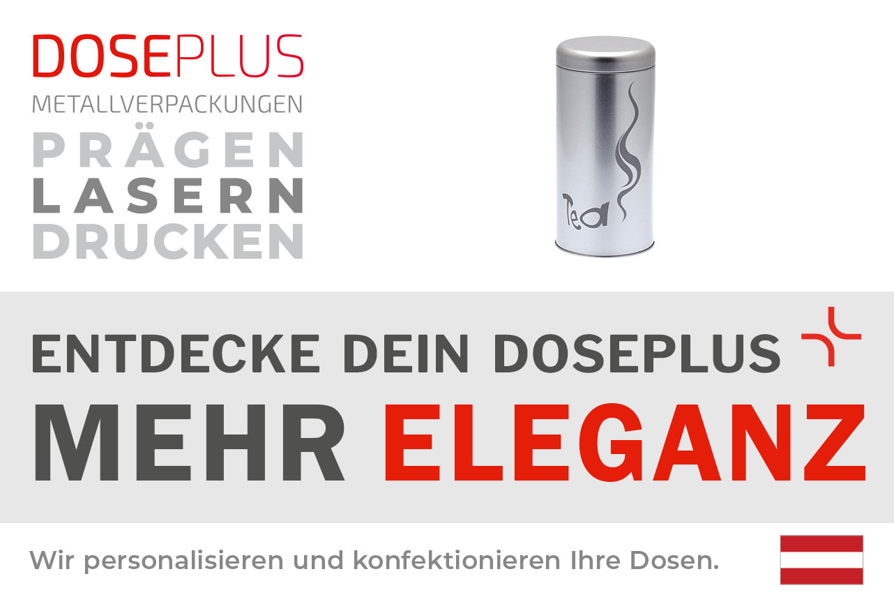 Doseplus Teedose aus Metall – Bannertext: Entdecke dein Doseplus, mehr Eleganz. Hochwertige, runde Metalldose mit edler Gravur für stilvolle Produkt- und Geschenkverpackungen.