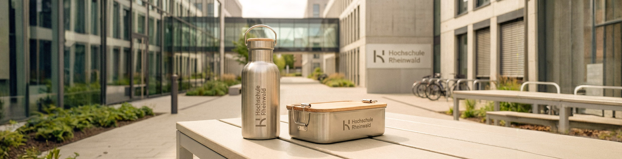 Edelstahl-Wasserflasche und Lunchbox mit Logo „Hochschule Rheinwald“ auf Holztisch vor moderner Universitätsarchitektur.
