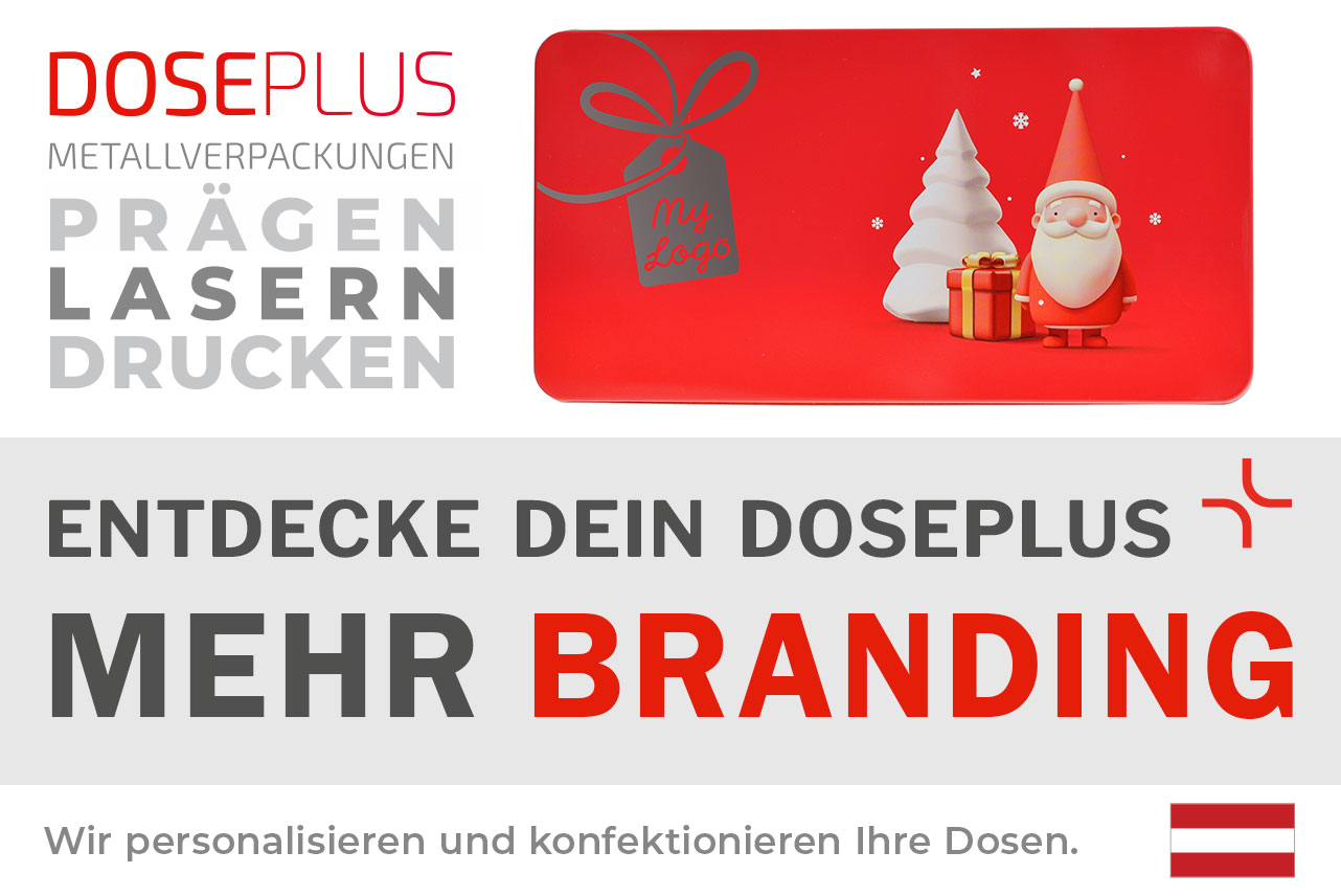 Rote Weihnachtsdose WD 030 mit Lasergravur und Wintermotiv. Bannertext: Entdecke dein Doseplus – mehr Branding. Metallverpackung für professionelle Firmen-Brandings durch Druck, Laser und Prägung.