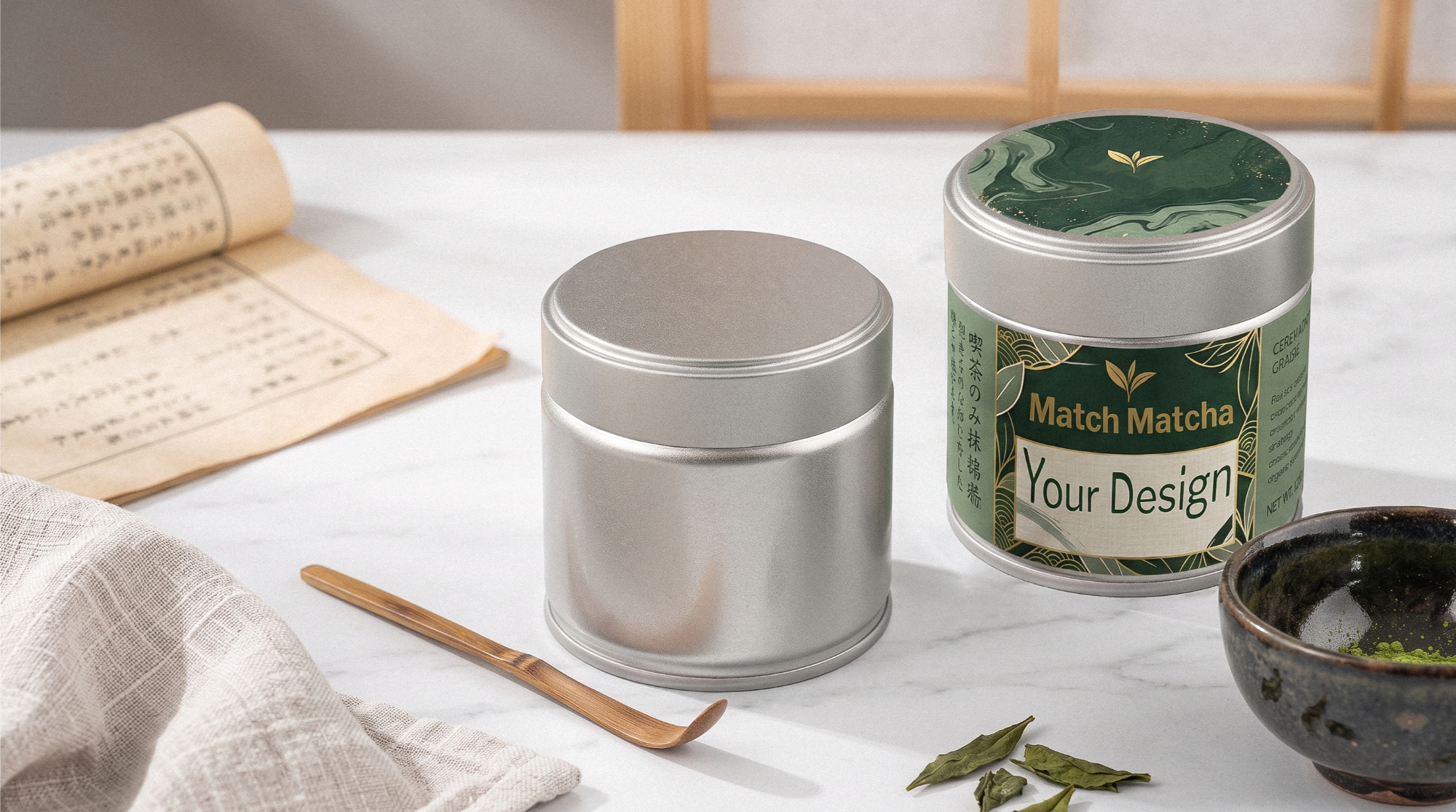 Matcha-Dose mit Pull-off-Deckel personalisieren