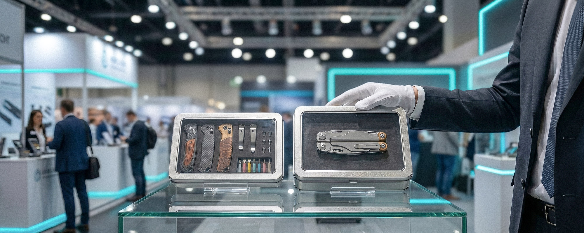 Moderner Messestand: Person im Anzug mit weißen Handschuhen präsentiert zwei Metalldosen mit Sichtfenster auf einem Glaspodest; im Hintergrund beleuchtete Ausstellung mit Besuchern.