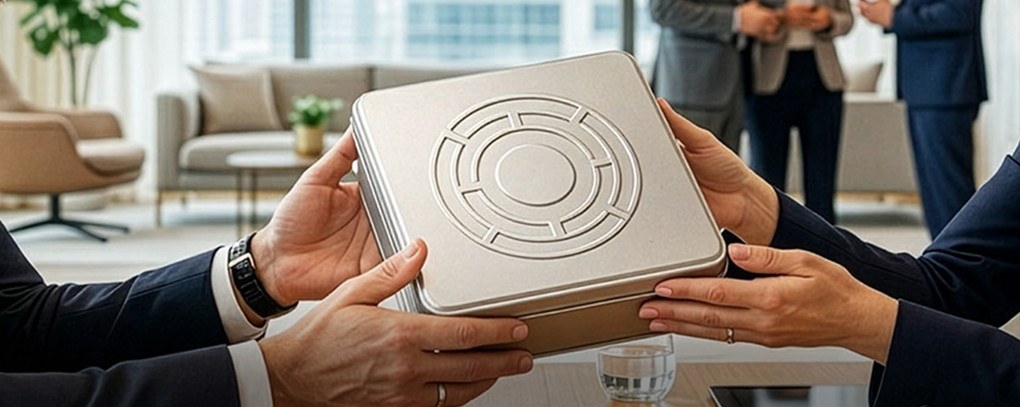 Zwei Personen begutachten eine hochwertige Metall-Dose als individuelle Verpackungslösung für Firmengeschenke und Werbepräsente.