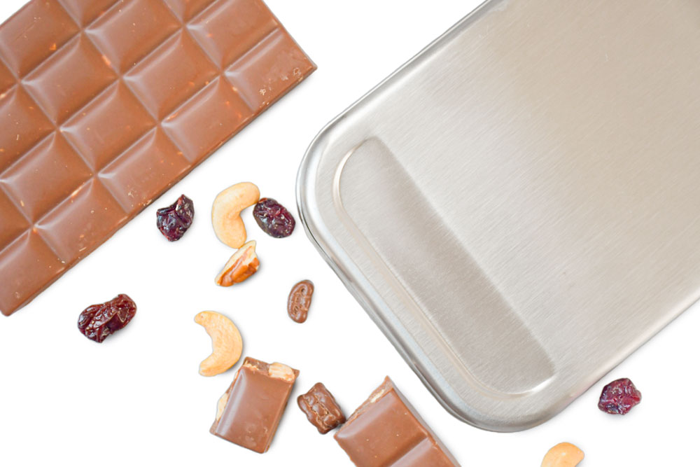 Edelstahldeckel mit Schokolade, Nüssen und Trockenfrüchten – Ersatzdeckel für Lunchbox.
