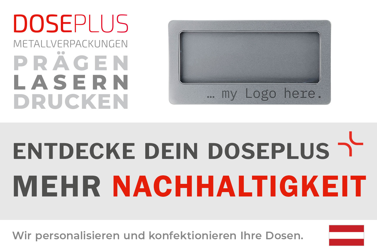Doseplus DIN Lang Metalldose mit Sichtfenster – Bannertext: Entdecke dein Doseplus, mehr. Edle Aufbewahrungsdose aus Metall mit Gravur für Produktverpackungen.