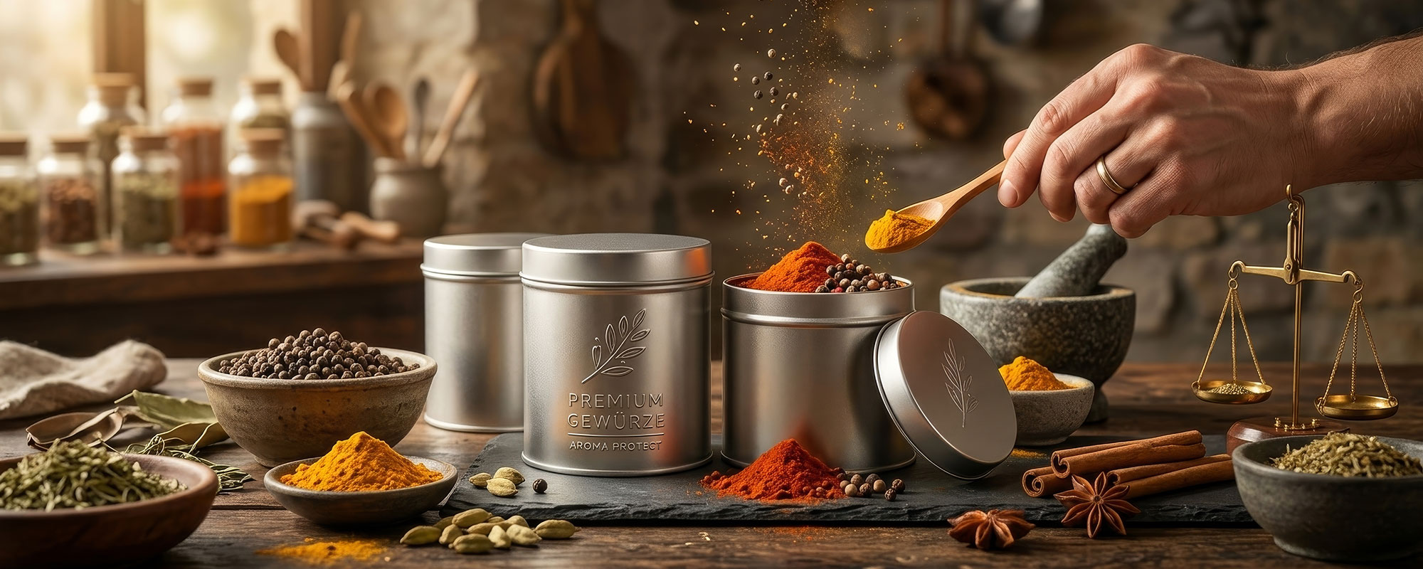 Metallische Gewürzdosen mit Aromaschutz in einer rustikalen Küche; Kurkuma wird mit einem Holzlöffel in eine geöffnete Gewürzdose gegeben.