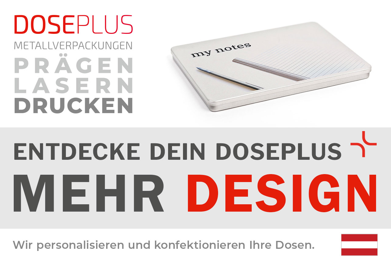 Doseplus silberne DIN-A5-Metalldose mit modernem Aufdruck eines Notizblocks, Kugelschreibers und Schriftzug „my notes“. Text: „Metallverpackungen prägen, lasern, drucken – Entdecke dein Doseplus, mehr Design“.