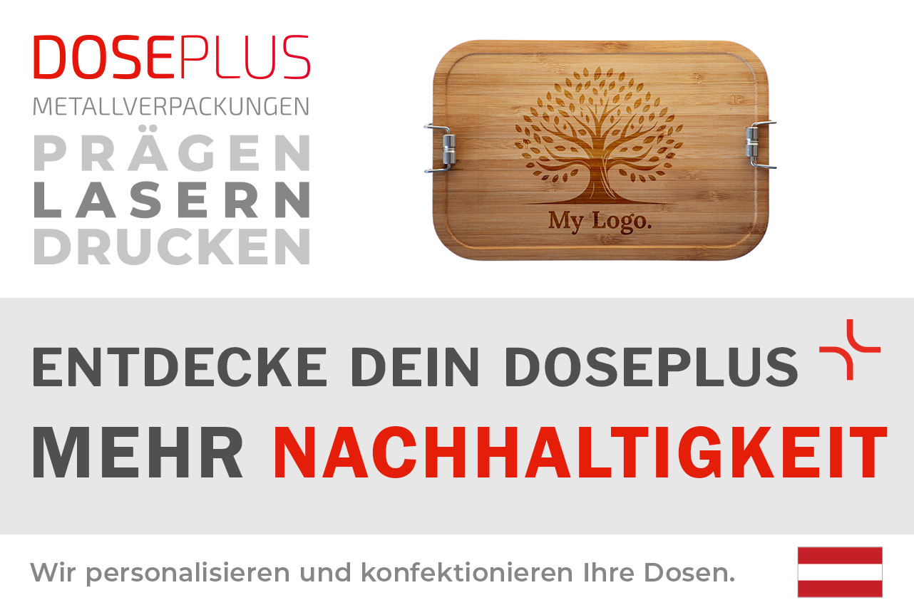 Große Edelstahl-Lunchbox CP BA C8 mit Bambusdeckel – Banner: Entdecke dein Doseplus – Mehr. Premium-Lunchbox perfekt für Logos, Branding und Gravur.