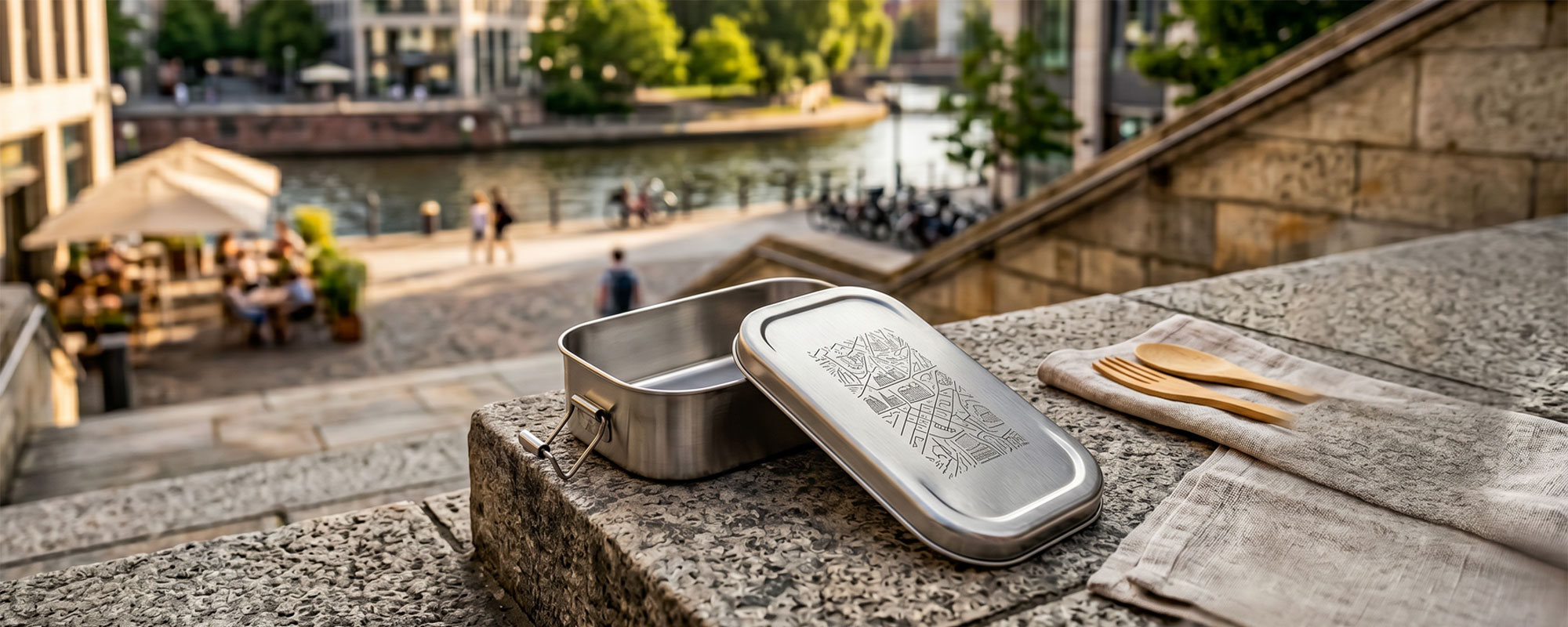 Metall­dose aus Edelstahl mit graviertem Deckel und Holzbesteck auf einer Steinfläche; hochwertige Produktaufnahme für unterwegs.