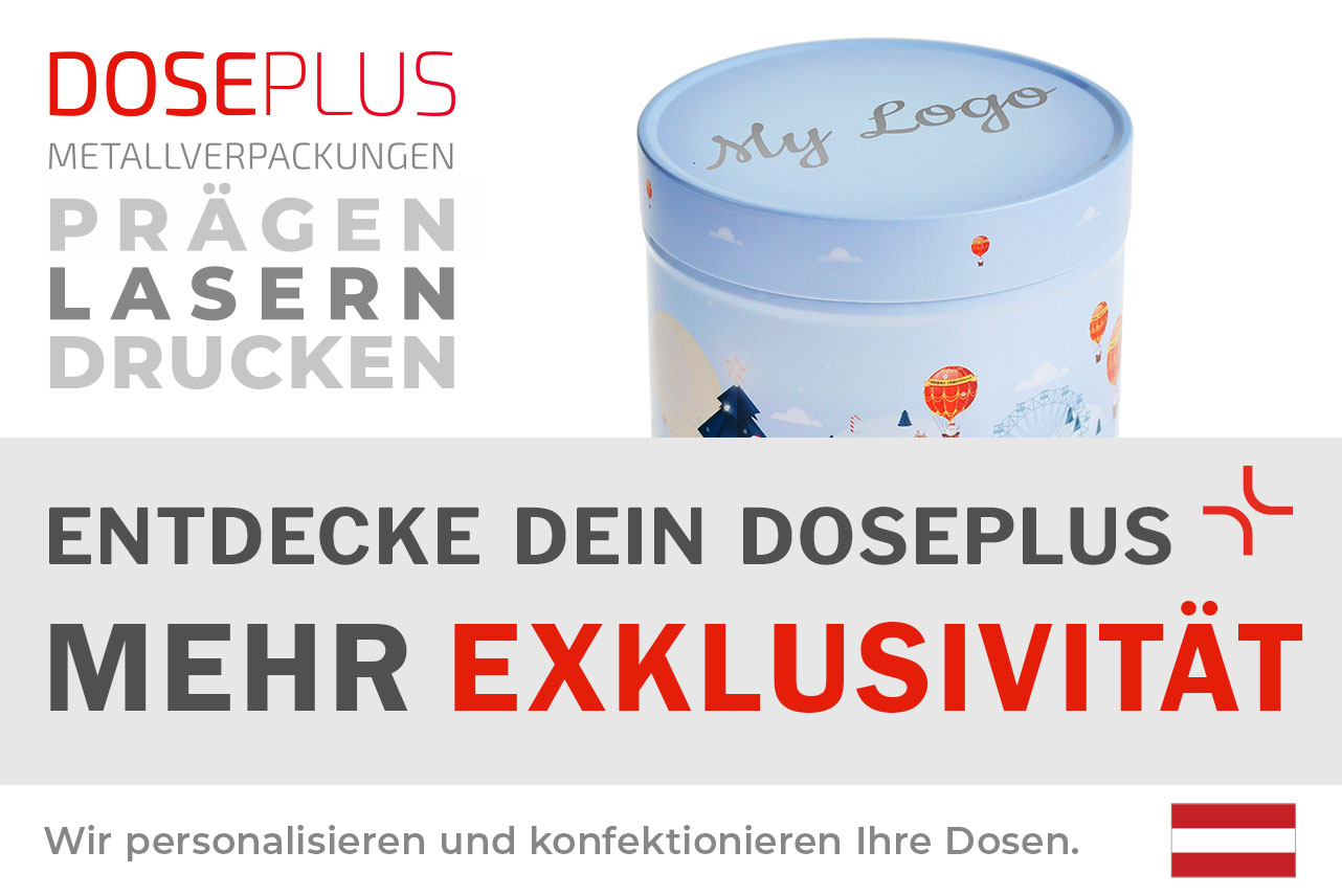 Weihnachtliche Runddose WD 026. Auf dem grau hinterlegten Banner ist der Text „ENTDECKE DEIN DOSEPLUS – MEHR EXKLUSIVITÄT“ zu sehen. Oberhalb im weißen Bereich: „PRINT • LASERN • PRÄGEN“. Darstellung der hochwertigen Veredelung für Metalldosen.