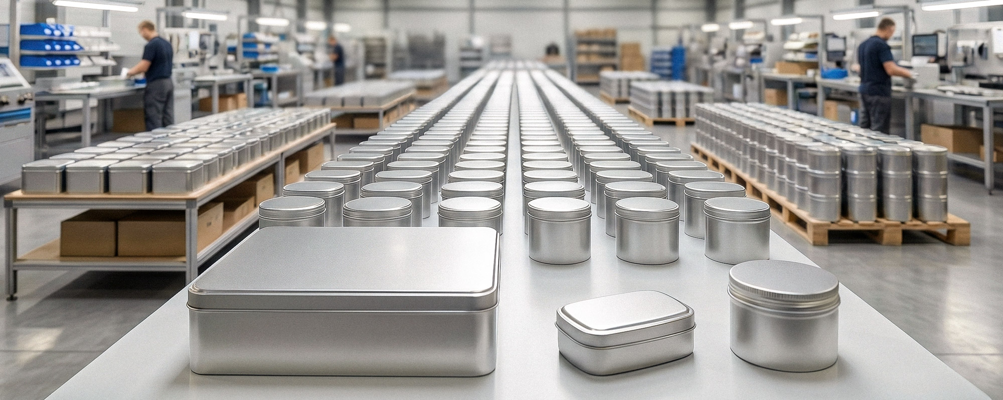 Moderne Produktions- und Lagerhalle mit Reihen silberner Metalldosen und Mitarbeitenden im Hintergrund.