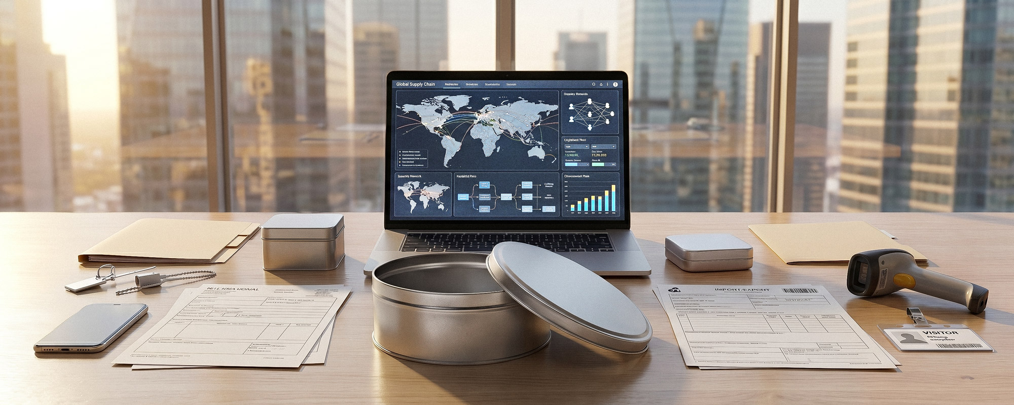 Arbeitsplatz mit Laptop, Metalldosen und Dokumenten für internationale Lieferketten und Logistik.