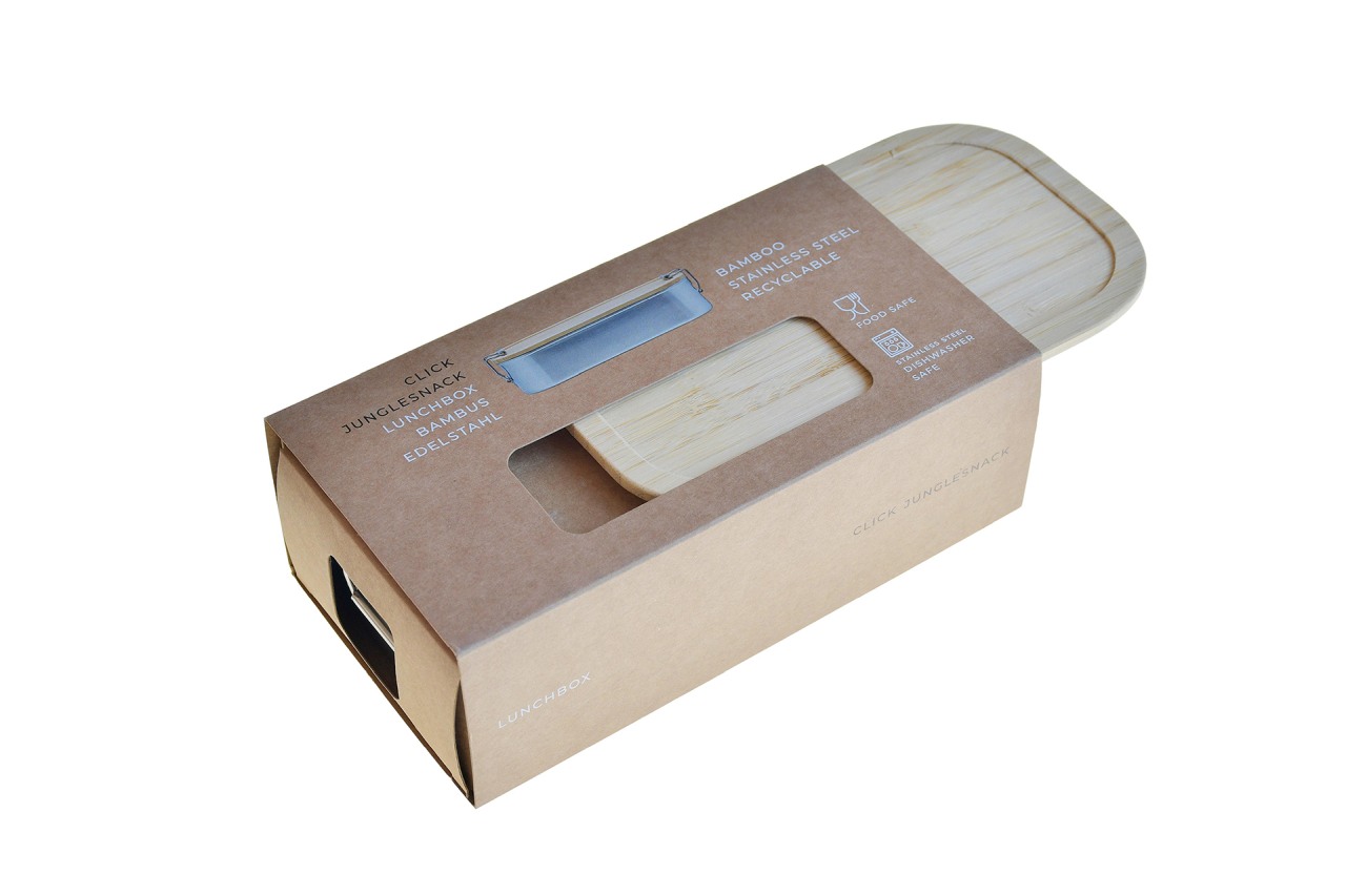Schrägansicht Verpackung Lunchbox Edelstahl mit Bambusdeckel – Geschenk für Unternehmen.