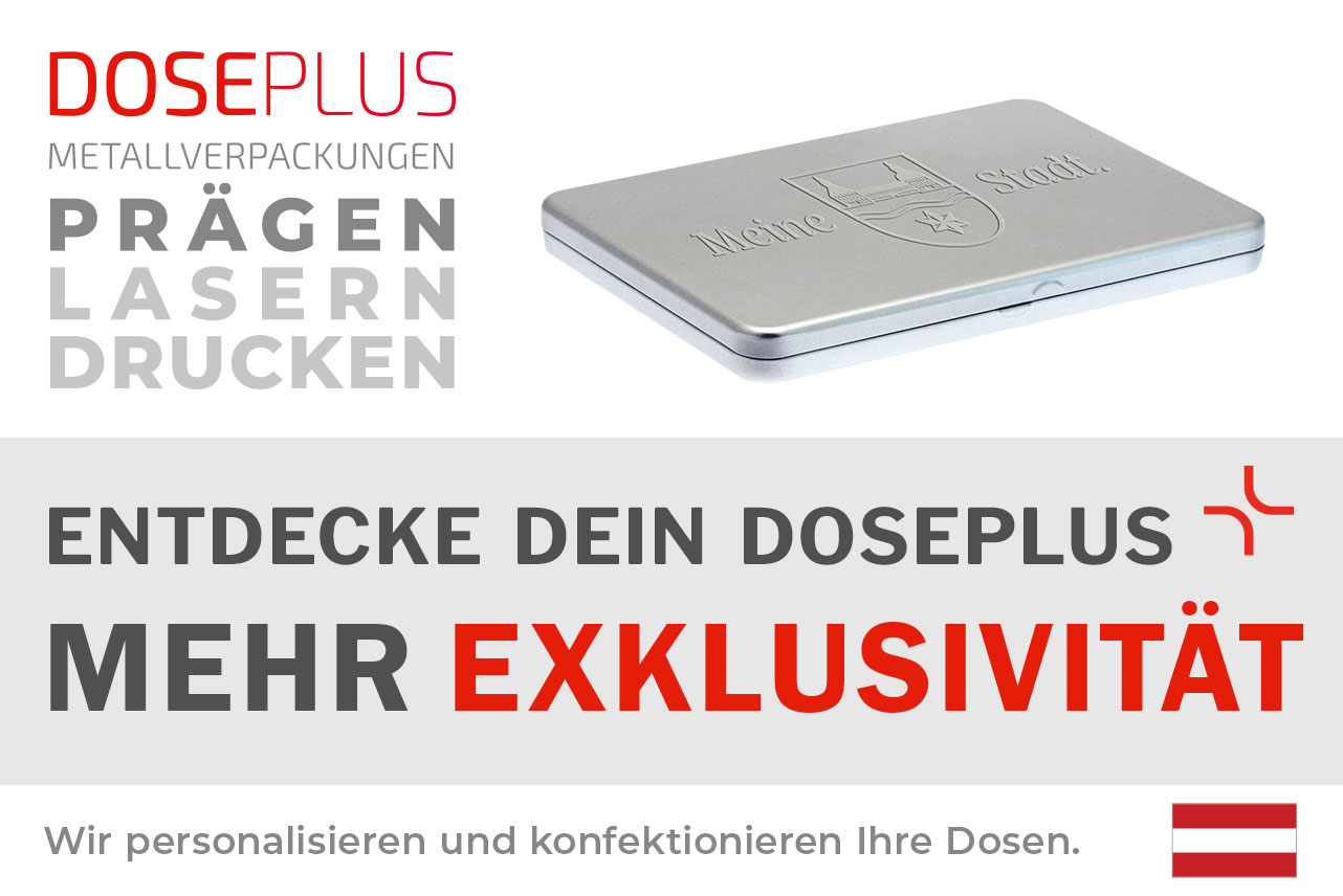 Doseplus flache silberne Metalldose mit geprägtem Wappenmotiv und Schriftzug „Meine Stadt.“ Text: „Metallverpackungen prägen, lasern, drucken – Entdecke dein Doseplus, mehr Exklusivität“.