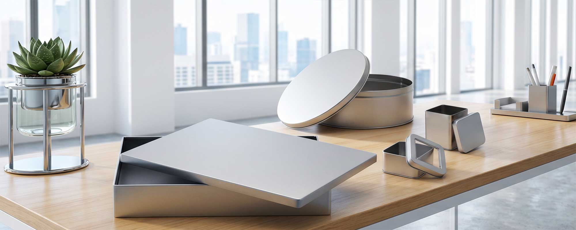Moderne silberne Metalldosen mit geöffneten Deckeln auf einem hellen Holztisch, kombiniert mit Stiftehalter und grüner Pflanze im Büroambiente.