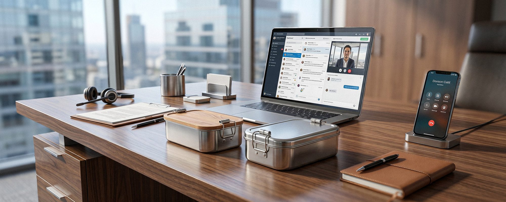 Moderner Arbeitsplatz mit Laptop für Videokonferenz, Smartphone und Metalldosen auf einem Holzschreibtisch im Büro.